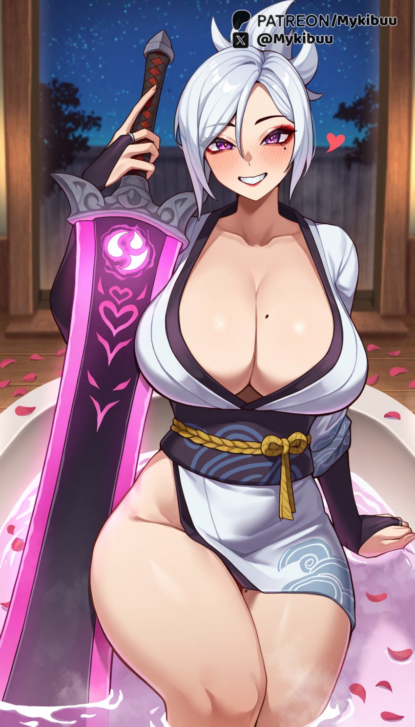 ai_generated bathtub blush breasts bridal_gauntlets cleavage collarbone falling_petals female grin heart holding holding_sword holding_weapon huge_breasts indoors japanese_clothes kimono large_breasts league_of_legends league_of_legends:_wild_rift looking_at_viewer mole mole_on_breast mole_under_eye mykibuu night night_sky obi partially_submerged petals petals_on_liquid purple_eyes riot_games riven sash short_hair sitting sky smile solo star_(sky) starry_sky sword symbol-shaped_pupils teeth thighs water weapon white_hair white_kimono