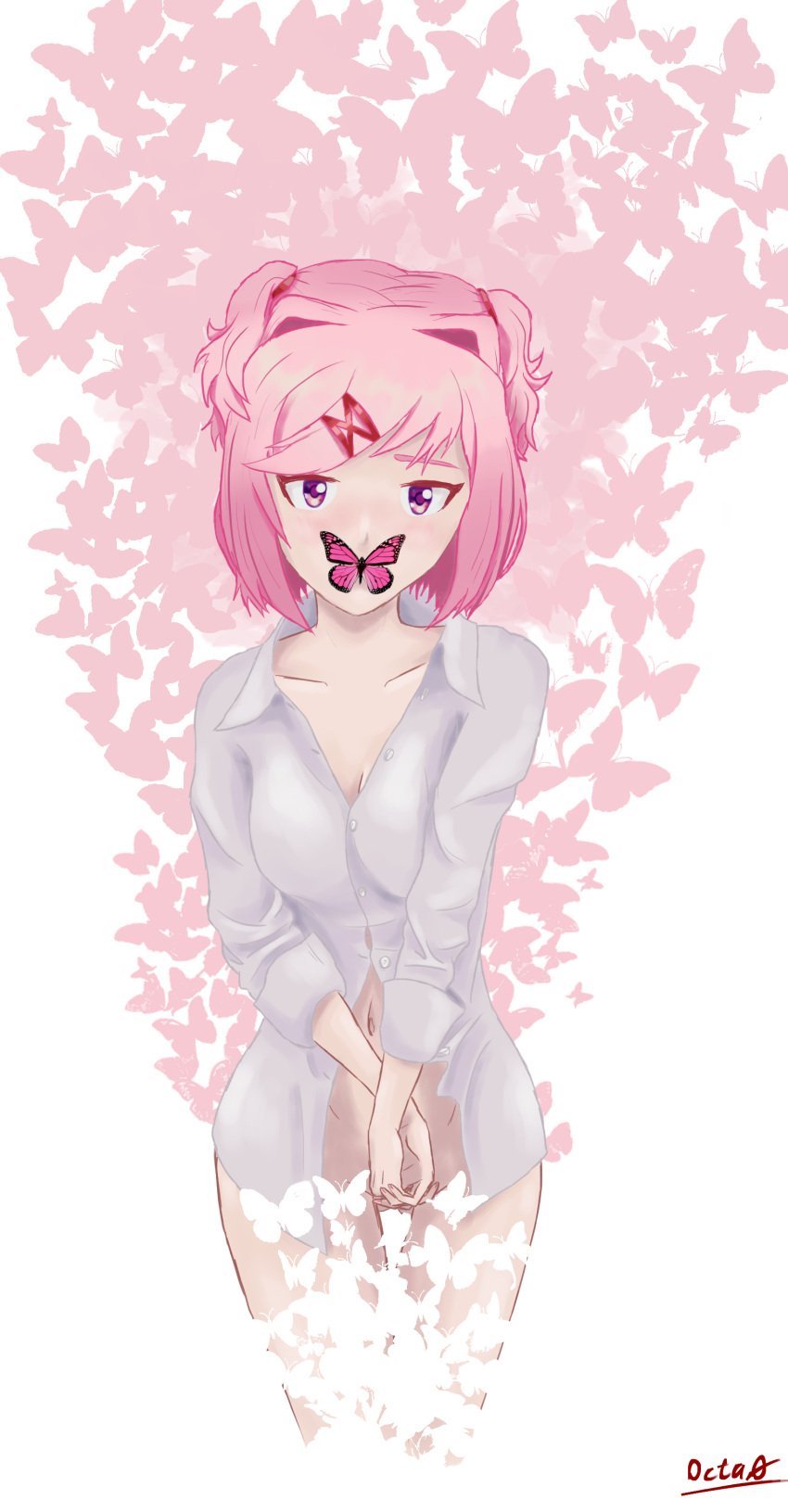 1girls artist_name breasts butterfly cleavage collarbone covering covering_crotch covering_pussy doki_doki_literature_club natsuki_(doki_doki_literature_club) navel octa0 pink_eyes pink_hair shirt shirt_only