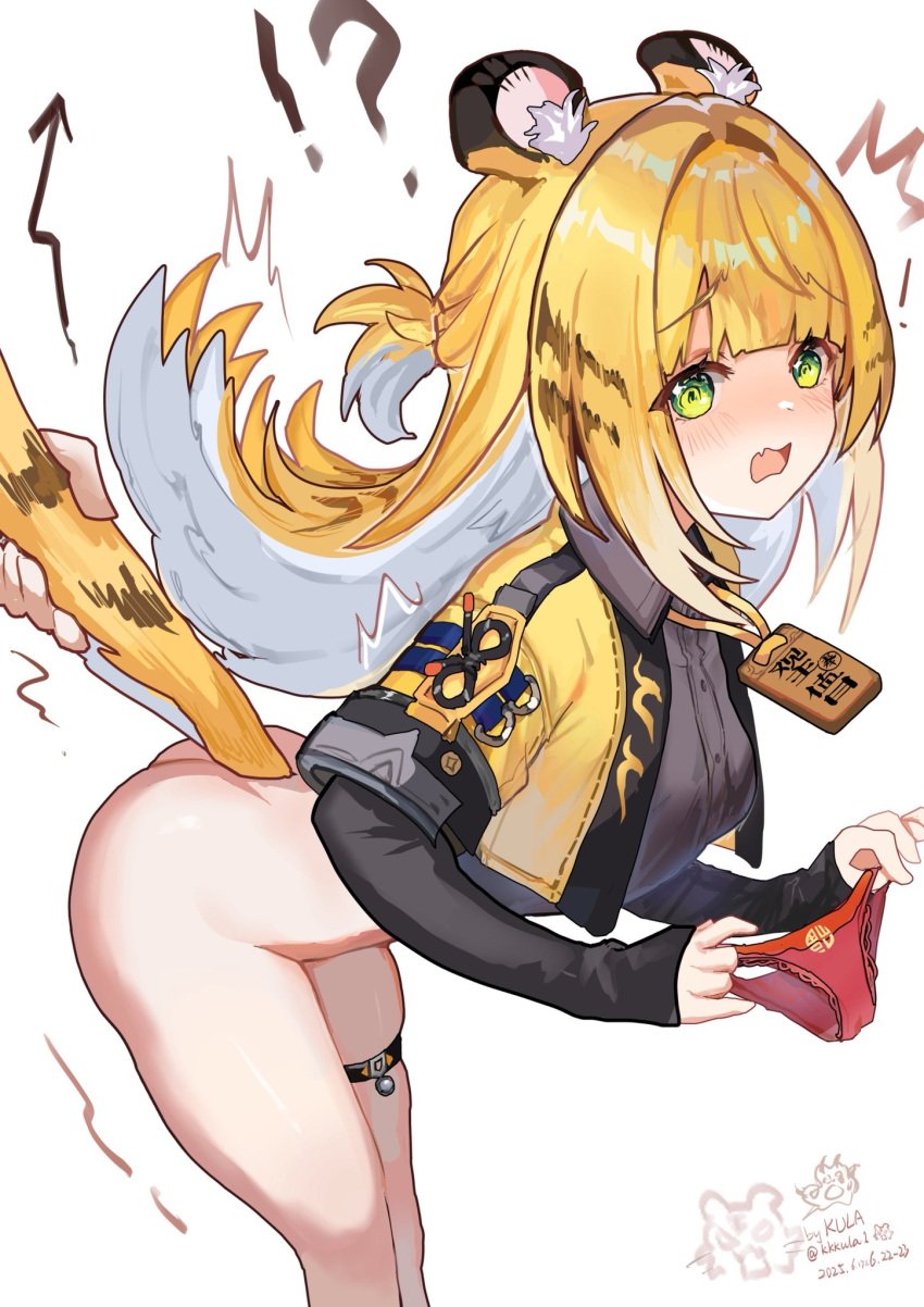 animal_ear_fluff animal_ears ass black_gloves black_hair blush cowboy_shot elbow_gloves female fingerless_gloves gloves green_eyes grey_shirt highres holding holding_another&#039;s_tail holding_panties holding_underwear holding_unworn_clothes jacket ju_fufu kkkula_(kula) long_hair multicolored_hair open_mouth orange_fur panties red_panties shirt streaked_hair striped_fur tail thigh_strap tiger_ears tiger_girl tiger_stripes tiger_tail underwear white_hair yellow_jacket zenless_zone_zero