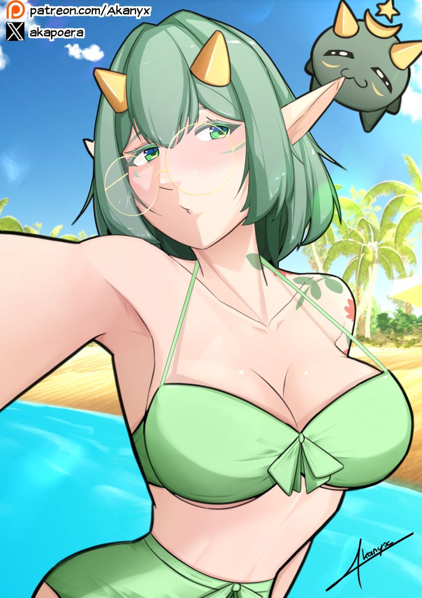 1girls akapoera bikini cleavage glasses green_hair original_character pose posing selfie swimwear twitter_link watermark