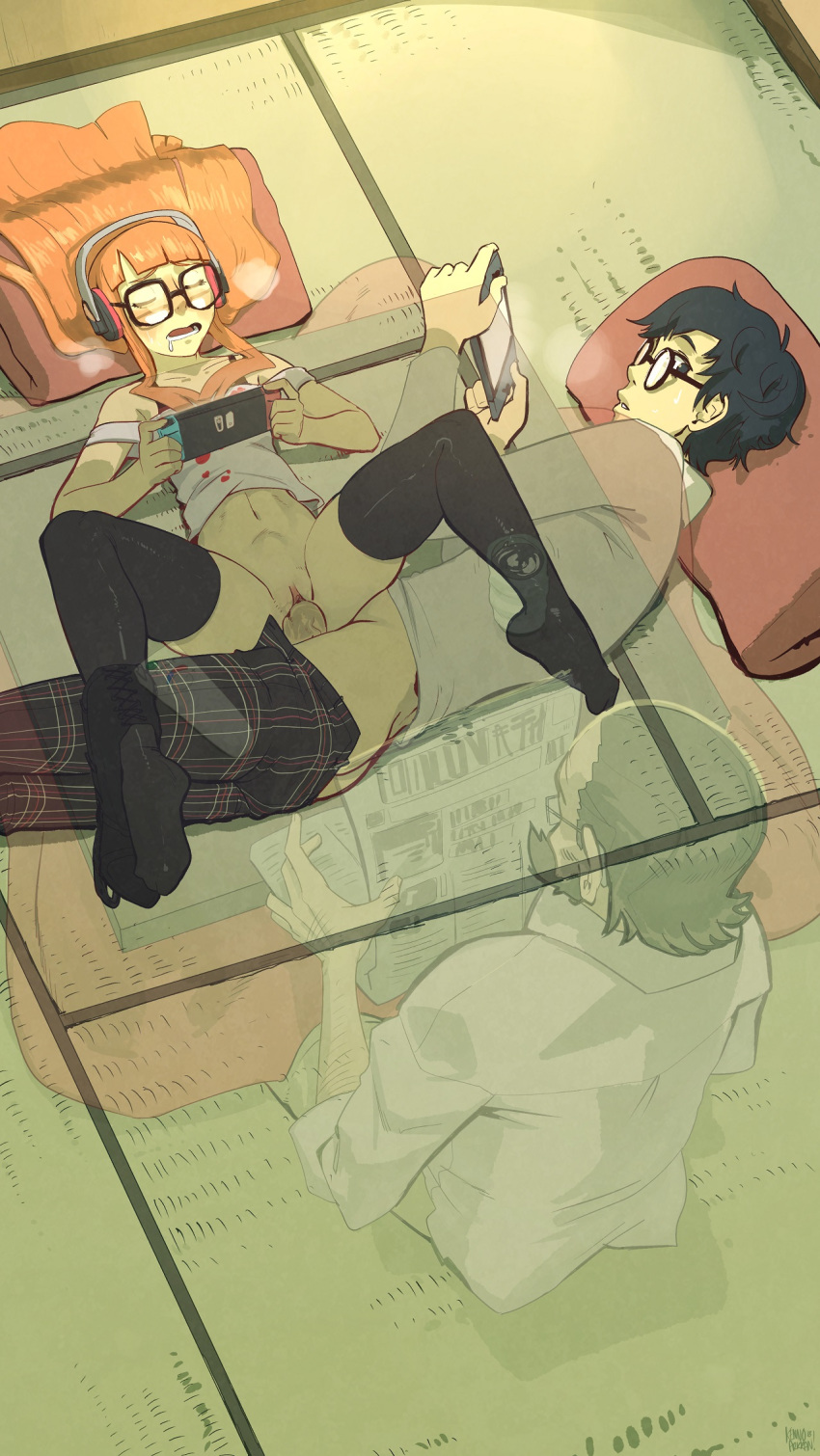 1girls 2boys atlus background black_hair blush bottomless color detailed_background electronics eyewear female game_console glasses handheld_game_console human kenno_arkkan kennoarkkan kotatsu legwear male megami_tensei nintendo_switch open_mouth orange_hair pale_skin partially_clothed penis persona persona_5 pillow pussy ren_amamiya sakura_futaba sex shin_megami_tensei short_hair stealth stealth_sex stomach_bulge straight uncensored under_kotatsu under_the_table vaginal vaginal_penetration video_games