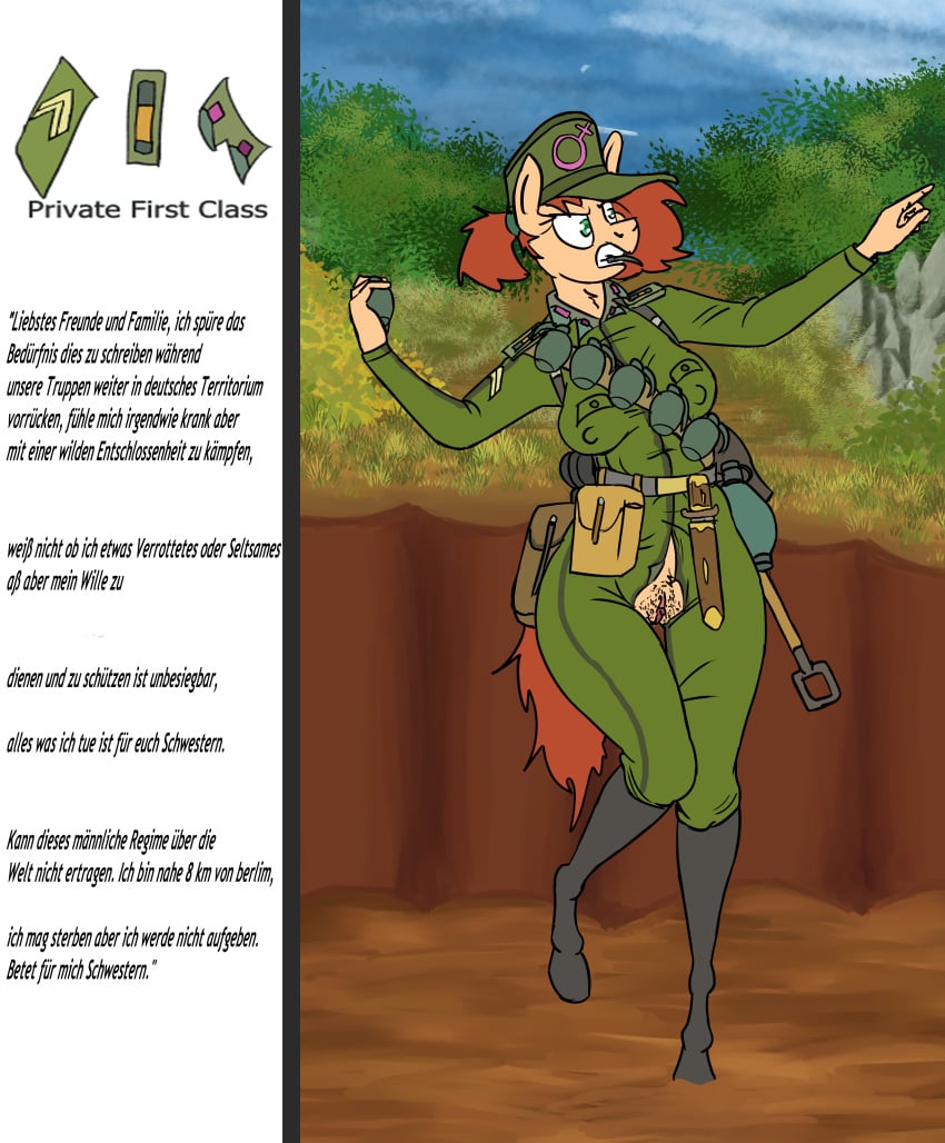 absurd_res anthro clothing equid equine female fetish_wear german_text hi_res horse jumpsuit juninhooficial mammal military military_uniform pony soldier solo story story_in_description story_in_picture text translated uniform war warrior