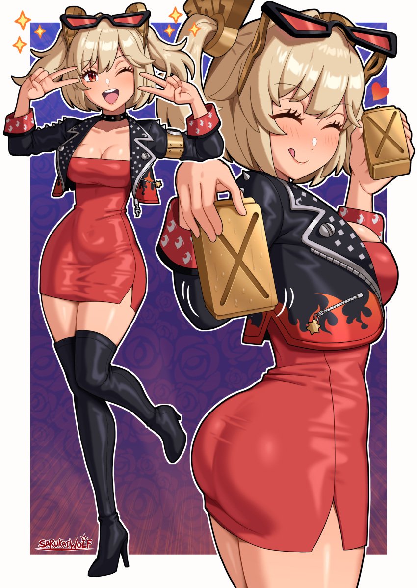1girls ass big_ass big_breasts black_jacket blonde_hair blush breasts brown_eyes burnice_white cleavage close-up clothing collar double_peace_sign dress drink female female_only footwear full_body hair hair_ornament headwear heart high_heel_boots high_heels hips holding_drink holding_object jacket legs neckwear one_eye_closed peace_sign red_dress sarukaiwolf short_dress smile solo solo_female sparkles spiked_collar sunglasses sunglasses_on_head thighs tongue tongue_out twintails wink winking_at_viewer zenless_zone_zero