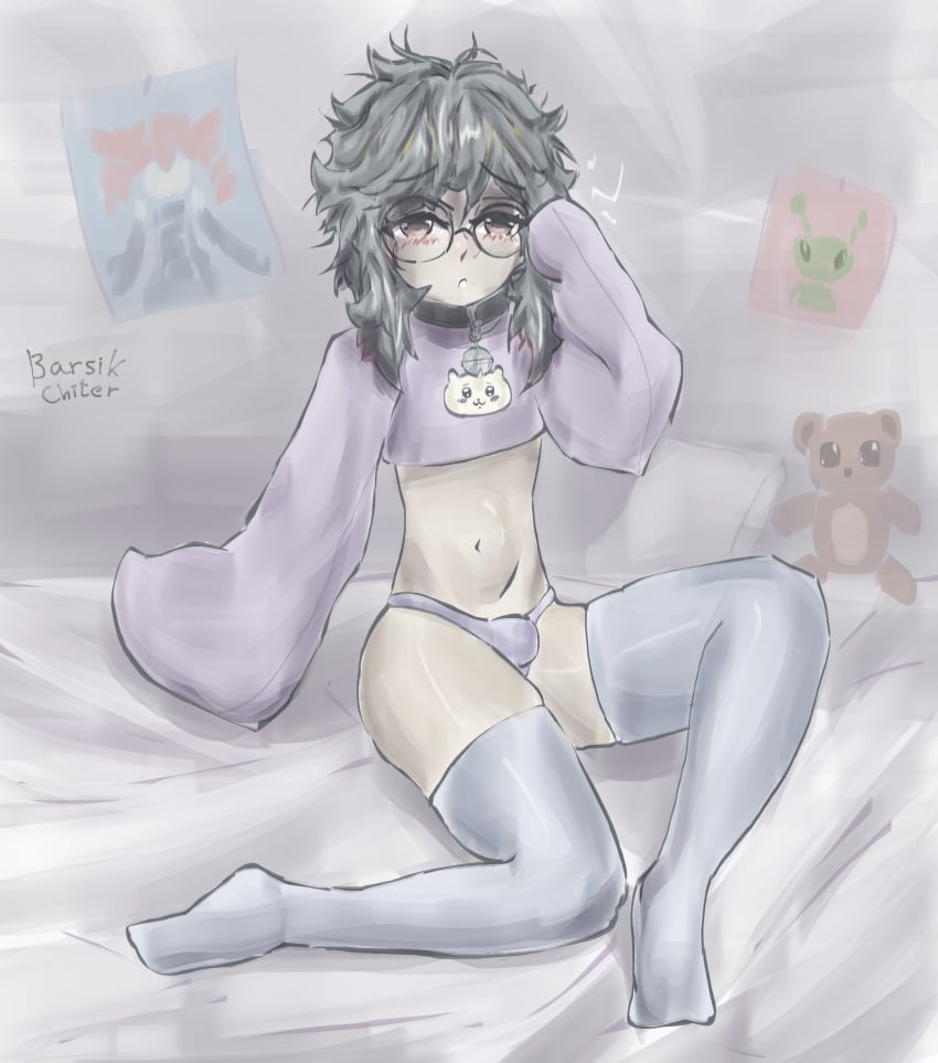 background barsik_chiter big_ass blush brown_eyes crossdressing eyelashes femboy glasses long_hair long_sleeves original_character penis_in_panties thick_thighs thighhighs topwear