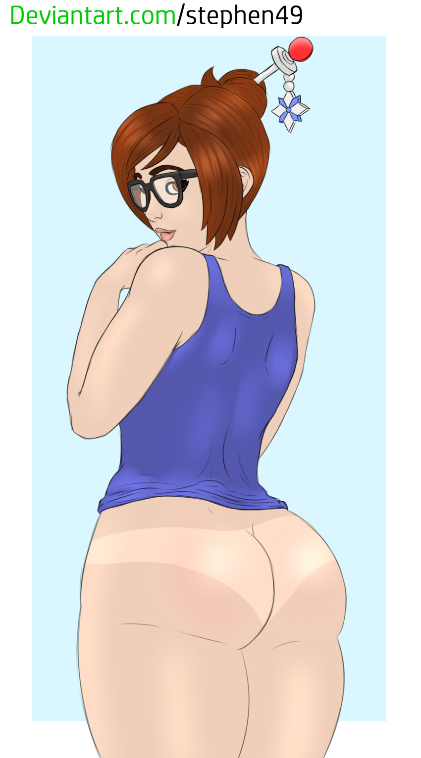 asian blizzard_entertainment chubby curvy female female_only glasses looking_back mei_(overwatch) overwatch solo stephen49 tanline thick_thighs video_games