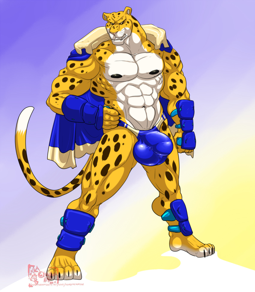 2018 4_toes 5_fingers abs anthro biceps brown_spots bulge cape cheetah clothed clothing digitigrade feline hand_on_hip hungothenomster king_(tekken) male male_only mammal muscular muscular_male nipples penis_outline pink_nose pose sharp_teeth simple_background slit_pupils solo spots standing teeth tekken tight_underwear toes topless video_games whiskers white_skin yellow_skin