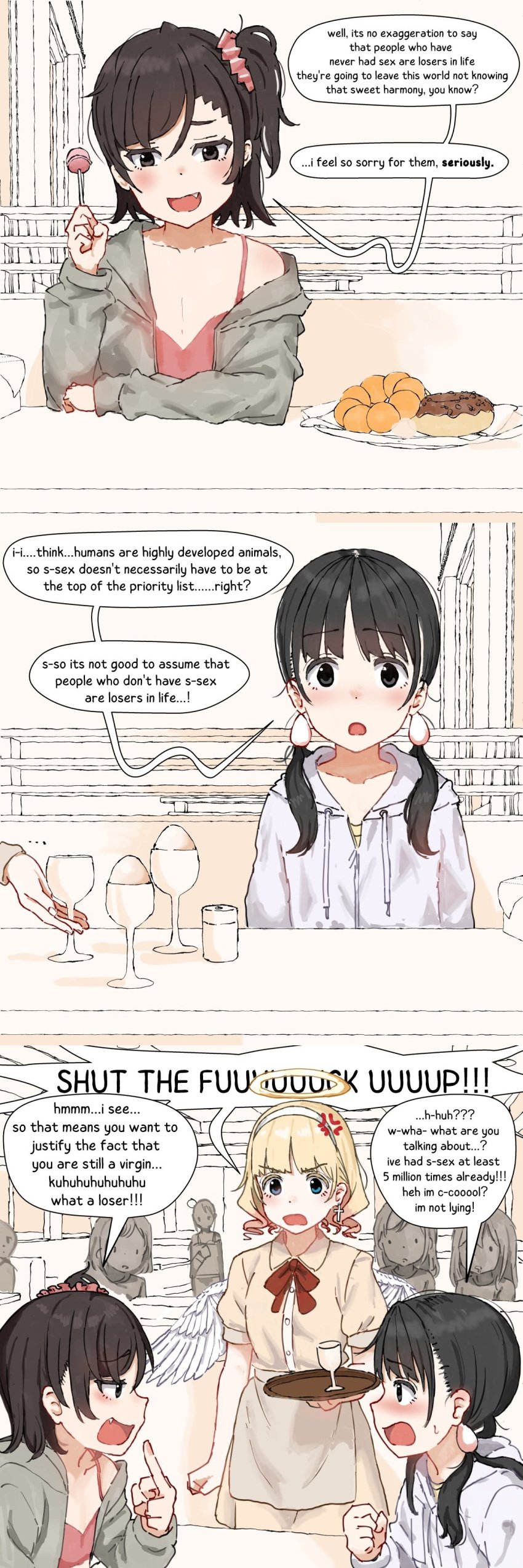 1femboy 2025 2girls 3_panel_comic aiu404l angel angel_(aiu404l) angel_wings bare_midriff black_eyes black_hair blonde_female blonde_hair blue_eyes blush brown_hair comedic comedy crossdressing egg_(aiu404l) embarrassed female femboy femboy_with_female funny halo ham_(aiu404l) have_sex imminent_sex male meme public restaurant stockings text tummy twink twitter_link twitter_username