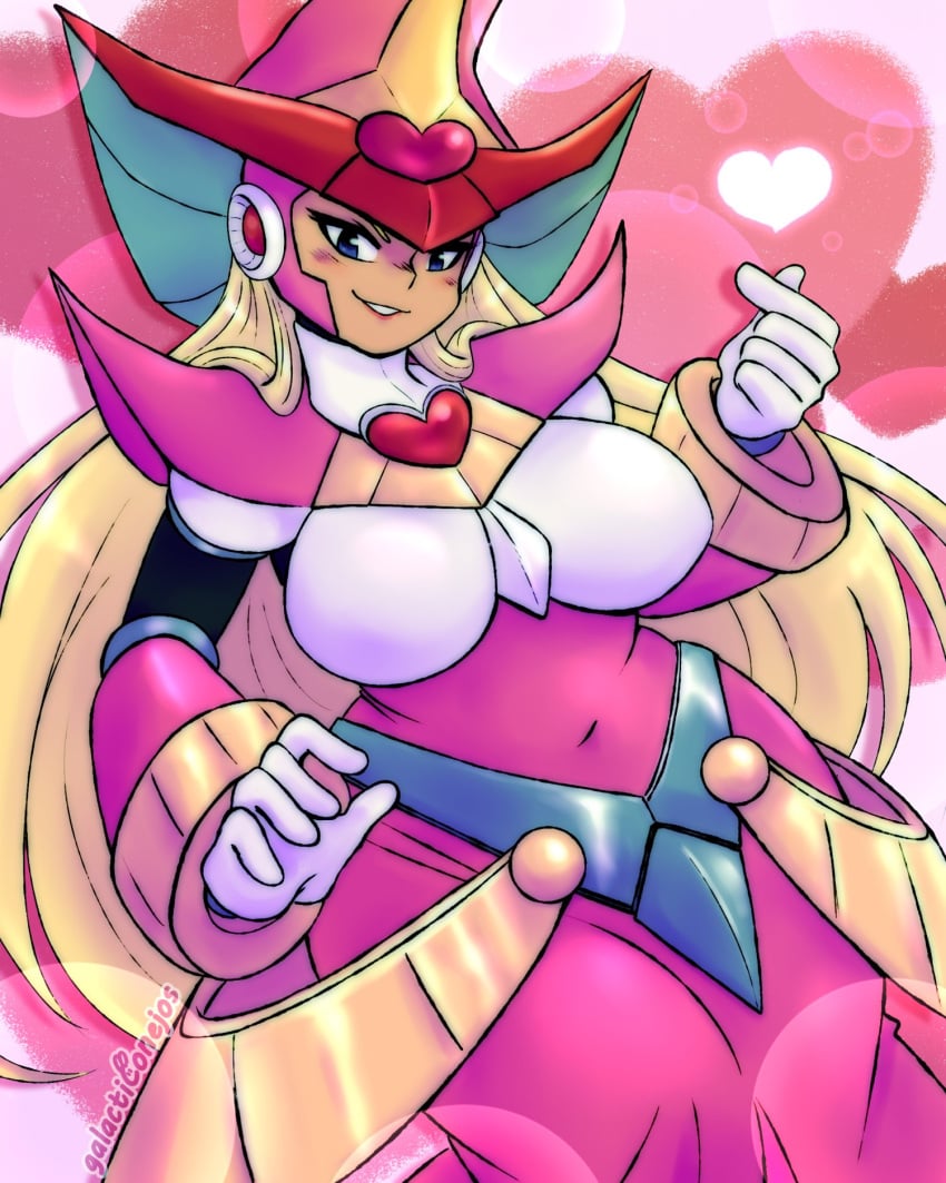 android arm_guards armor armored_dress berkana berkana_(mega_man) berkana_(mega_man_x_character) big_hips blonde_hair blue_eyes bracer breastplate chest_jewel chubby chubby_female covered_navel cuirass dress forehead_jewel gem_hat_ornament gloves hair_over_shoulder headphones hearts_around_body large_breasts long_dress long_hair looking_at_viewer mechanical_arms mega_man_x mega_man_xtreme_2 open_mouth pink_armor pink_dress robot_girl robot_joints shoulder_armor shoulder_spikes smile thick_thighs underbust valentine&#039;s_day white_gloves witch witch_hat