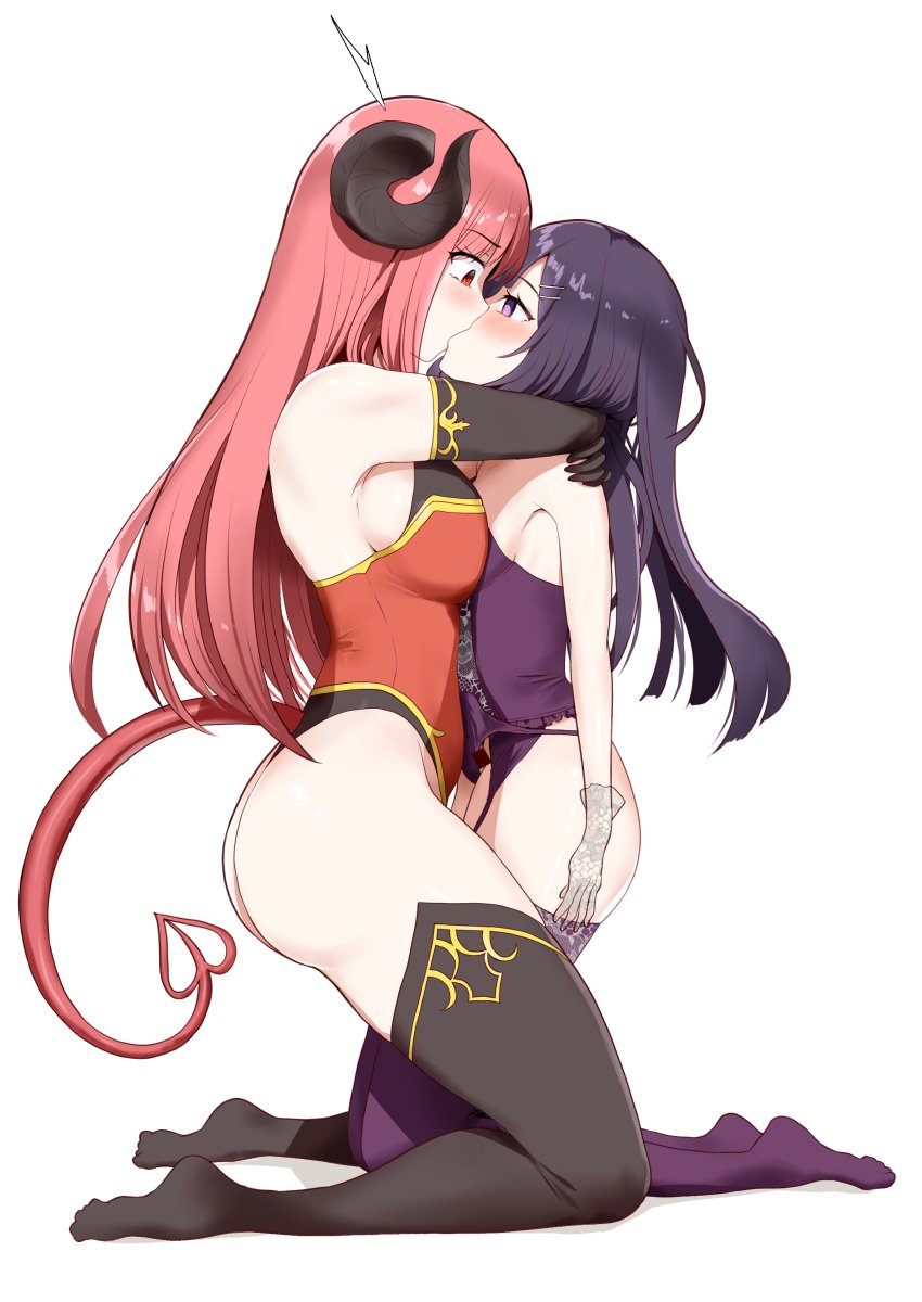 black_hair blush breasts canon_genderswap clothing demon_tail erection femboy genderswap_(ftm) hairclip horns io_(princess_connect!) kissing nanase_takaoka pink_eyes pink_hair princess_connect! princess_connect!_re:dive purple_eyes rule_63 surprised tail trap watashi_no_hatsukoi_wa_hazukashisugite_dare_ni_mo_ienai white_background yasumi_kaede