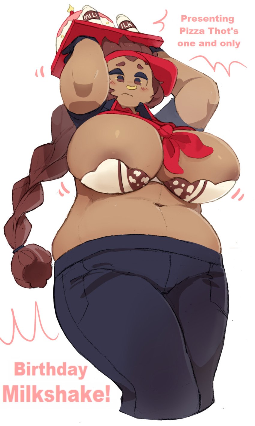 areola_slip areolae barely_contained blush braid braided_hair breasts brown_hair chubby chubby_female dark_skin huge_breasts jeans long_hair milkbar_(gats) nose_piercing pizza_thot thick_thighs wide_hips