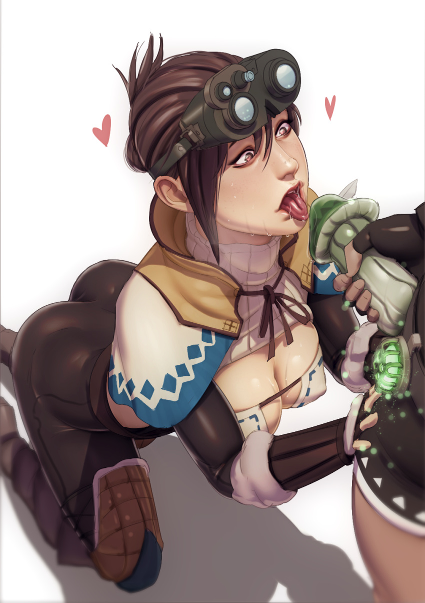 ass breasts brown_eyes brown_hair capcom cleavage female goggles handler_(monster_hunter_world) innuendo john_doe male monster_hunter monster_hunter_world mushroom open_mouth straight tongue tongue_out