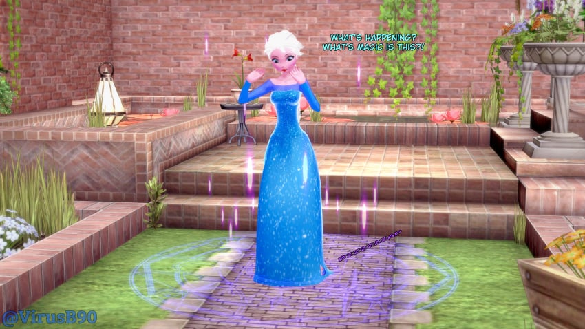 3d artist_name ass_expansion bare_shoulders bimbofication blue_dress blue_eyes blush book breast_expansion breasts brick_wall cleavage collarbone colored_skin comic corruption disney dress elsa_(frozen) english_text female flower food frozen_(film) full_body grass holding huge_breasts hyper hyper_ass hyper_breasts indoors koikatsu large_breasts lips lipstick long_dress long_sleeves looking_at_viewer magic magic_circle makeup medium_breasts off-shoulder_dress off_shoulder open_mouth pink_skin plant purple_skin short_hair smile solo stairs standing tagme twitter_username virusb90 watermark white_hair