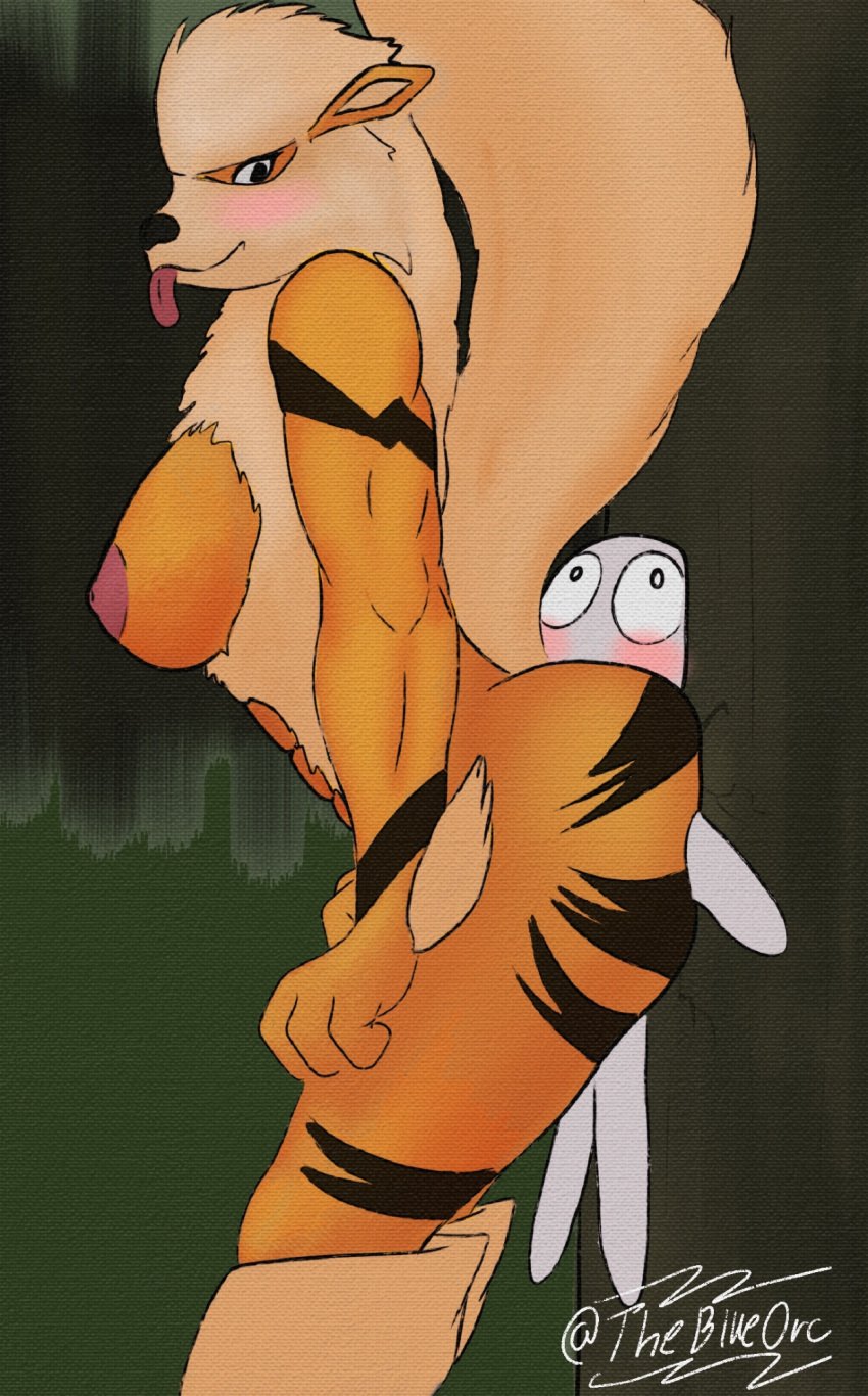 abs ambiguous_gender anthro arcanine ass bedroom_eyes big_breasts big_butt breasts butt_press duo female fur generation_1_pokemon hi_res larger_female male mammal muscular muscular_female narrowed_eyes nintendo orange_body orange_fur plant pokemon pokemon_(species) pressing_against seductive shaking size_difference smaller_male smothering tail theblueorc tongue tongue_out