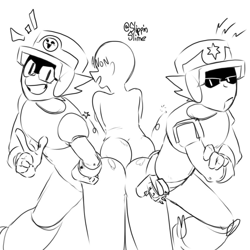 1ambiguous 2024 2boys anon anonymous ass ass_to_ass brawl_stars gay gesture grin group hand_gesture humanoid larry_(brawl_stars) lawrie_(brawl_stars) machine male open_mouth robot robot_humanoid simple_background slippinslime smile standing supercell teeth trio white_background