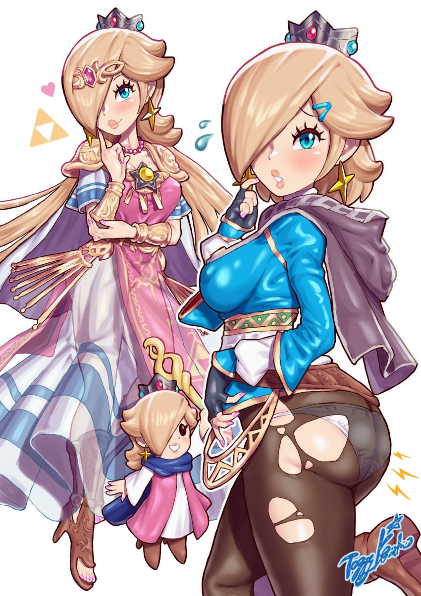 1girls artist_name blonde_hair blue_eyes busty chibi crown hair_over_one_eye light-skinned_female light_skin mario_(series) multiple_outfits nintendo panties princess_rosalina princess_zelda_(cosplay) ripped_clothing the_legend_of_zelda thick_ass tight_clothing tights yamino_ekakinin