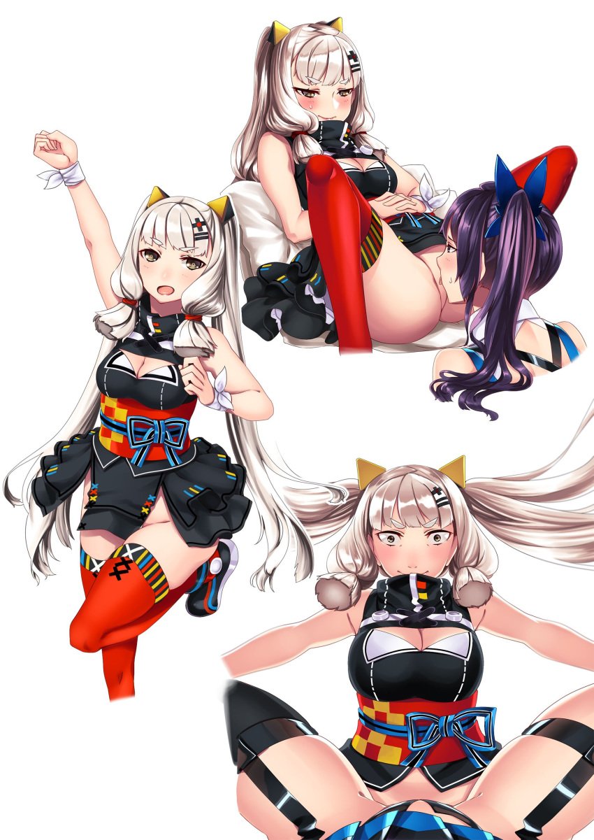 2girls absurdres arm_up bare_shoulders breasts cleavage cleavage_cutout cosplay cunnilingus female_admiral_(kantai_collection) hiememiko highres kaguya_luna kaguya_luna_(character) kaguya_luna_(character)_(cosplay) kantai_collection leg_up long_hair medium_breasts mirai_akari mirai_akari_(cosplay) mirai_akari_project multiple_girls murakumo_(kantai_collection) no_panties oral purple_eyes purple_hair side_ponytail silver_hair thighhighs twintails virtual_youtuber yellow_eyes yuri