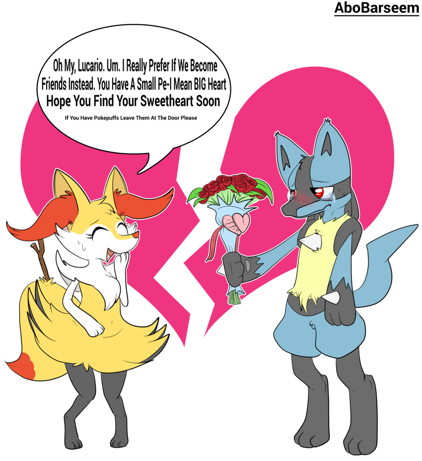 abobarseem anthro balls blush braixen crying denied embarrassed flower holidays humiliation lucario micro_balls micropenis nintendo penis plant pokemon pokemon_(species) rejected shy small_balls small_penis small_penis_humiliation sweat tears text valentine's_day video_games