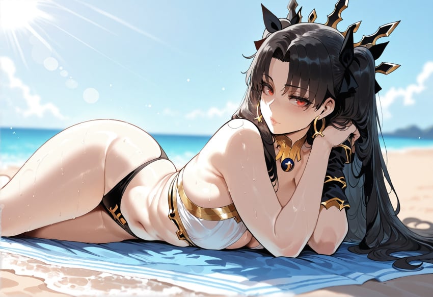 ai_generated beach beach_towel big_ass black_hair bubble_ass bubble_butt huge_ass laying_on_side long_hair mirror_image sexy_smile smile