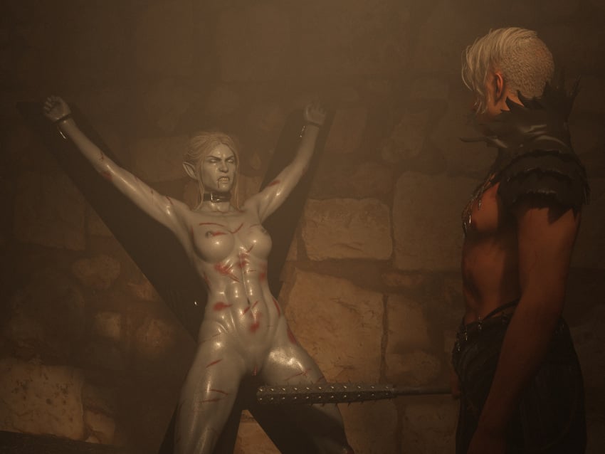 1boy 1girls 3d baldur's_gate_3 bondage bondage bruise clothed_male_nude_female completely_nude completely_nude_female cuts dark-skinned_female dark_elf dark_elf_female dark_skin daz_studio minthara nude nude_female o97t5s