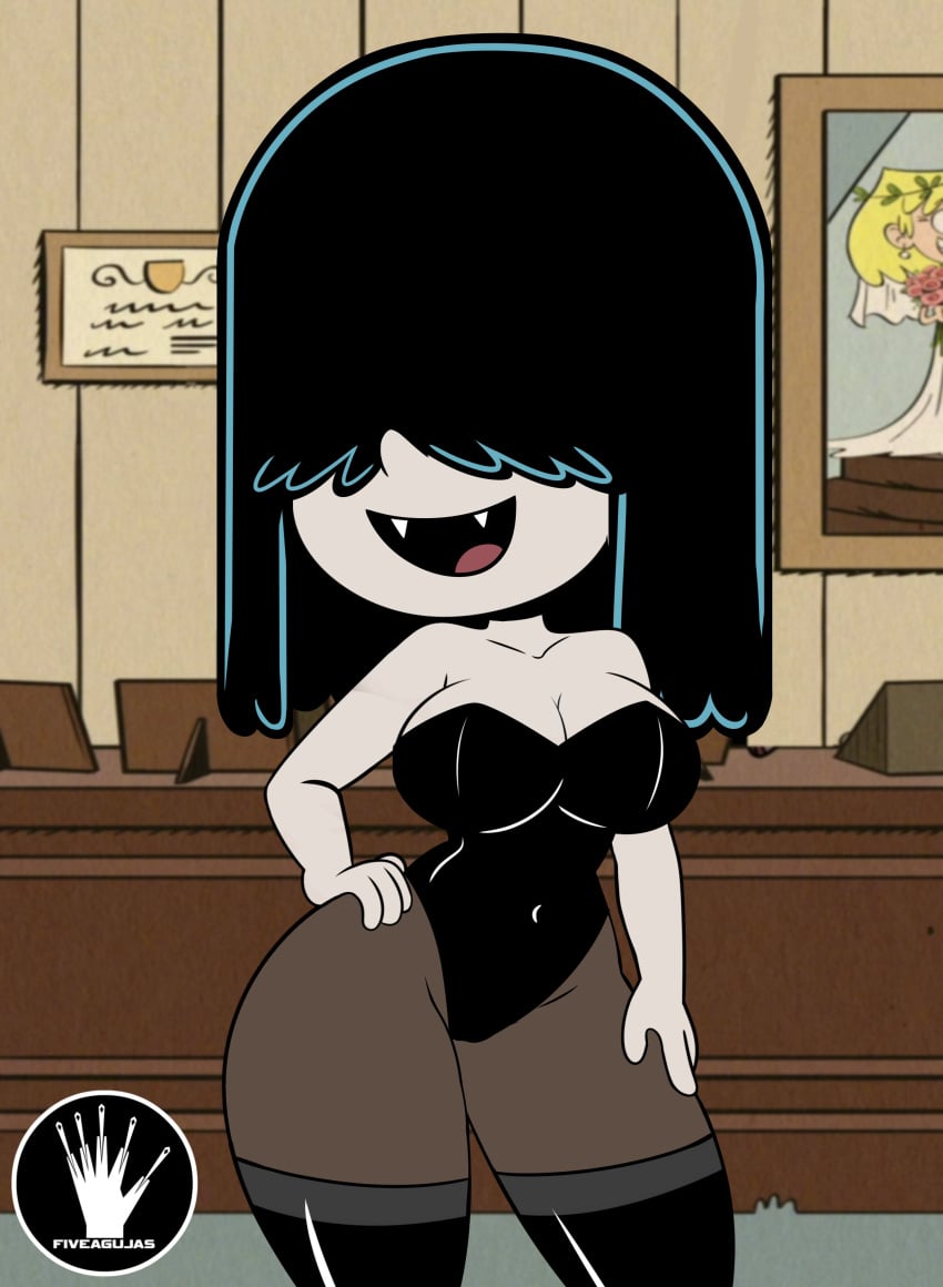 breasts fangs fiveagujas goth hair_over_eyes leotard lucy_loud stockings the_loud_house thick_thighs thighhighs