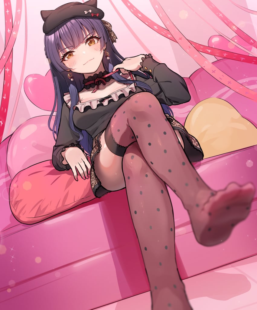 beret black_dress black_hair blush breasts choker cleavage closed_mouth crossed_legs dress earrings feet feet_focus idolmaster idolmaster_shiny_colors indoors kamille_(vcx68) long_hair long_sleeves mayuzumi_fuyuko medium_breasts no_shoes on_couch polka_dot_thighhighs sitting skirt smug soles thighhighs thighs toes zettai_ryouiki