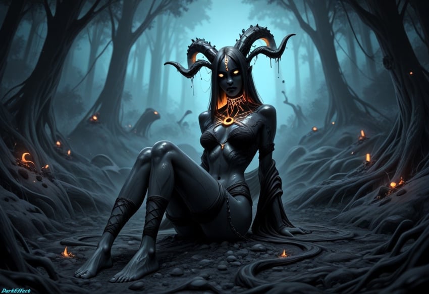 1girls ai_generated black_body black_skin clothed commission dark-skinned_female dark_background dark_skin darkeffect demon demon_girl demon_horns detailed female female_focus female_only forest glowing_eyes looking_at_viewer monster monster_girl nightmare_waifu on_floor orange_eyes petite petite_body petite_female solo solo_female solo_focus
