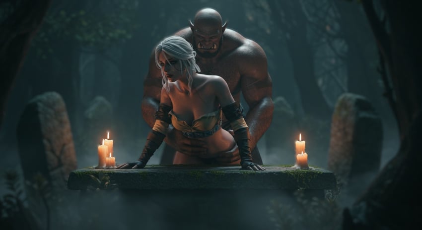 ai_assisted ai_generated bending_forward bent_over big_hands ciri cirilla_fiona_elen_riannon doggy_style doggy_style fantasy grabbing_from_behind highres leshay7 masculine_male medium_breasts orc orc_male the_witcher_(series) the_witcher_3:_wild_hunt white_hair