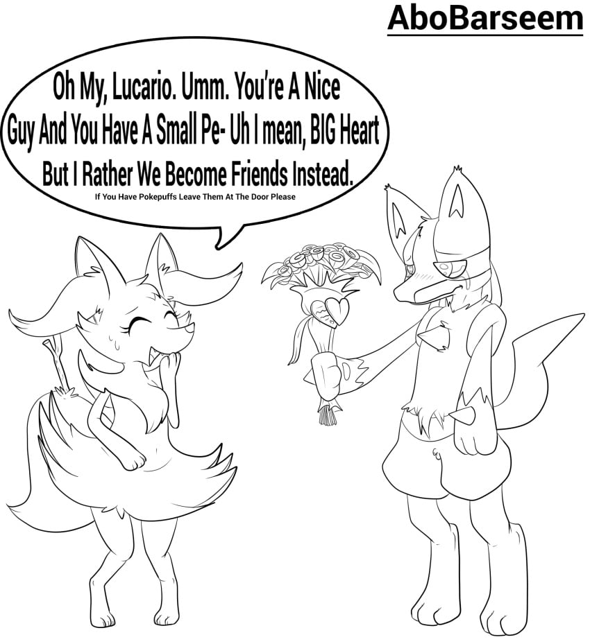 abobarseem braixen crying embarrassed flower furry holidays lucario nintendo penis plant pokemon pokemon_(species) rejected shy small_penis small_penis_humiliation sph sweat tears text valentine's_day video_games