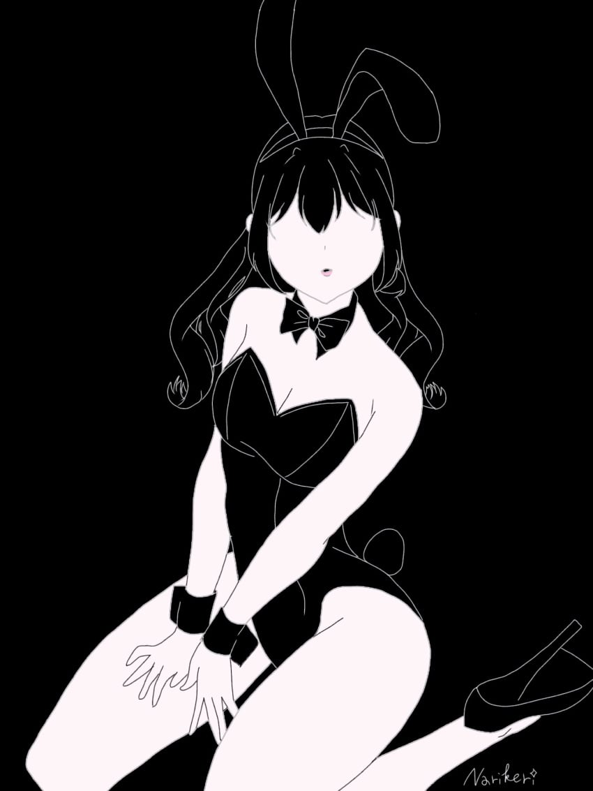 1girls ass bowtie breasts bunny_ears bunny_girl bunny_tail bunnysuit d4dj female high_heels monochrome narikeri ohnaruto_muni signature silhouette thick_thighs