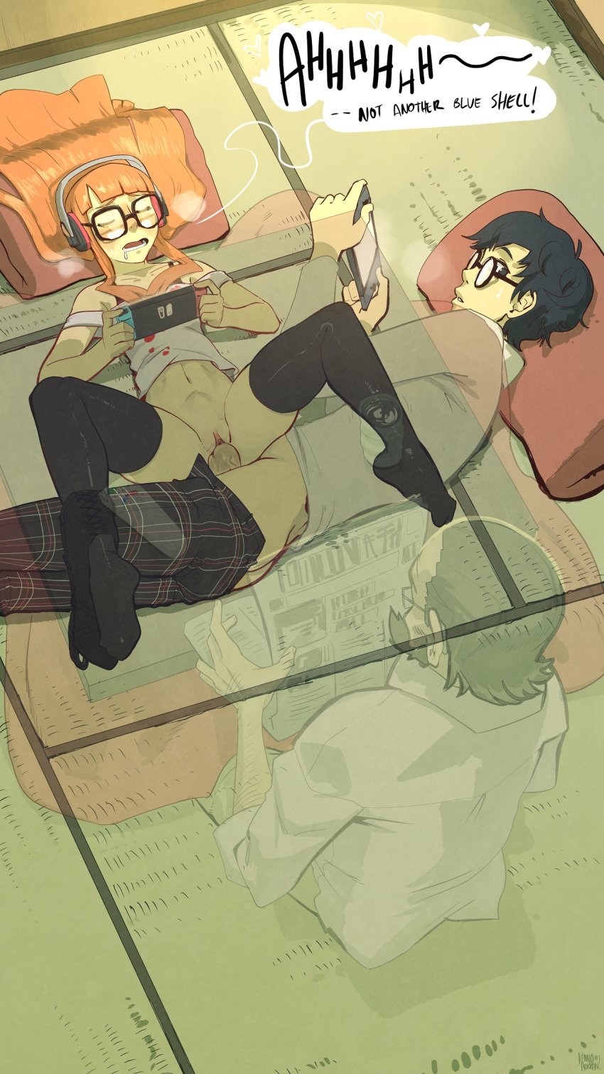 1girls 2boys atlus background black_hair black_legwear black_thighhighs blush bottomless casual clothing color detailed_background dialogue electronics english_text eyewear female game_console gaming gaming_while_penetrated gaming_while_penetrating glasses human kenno_arkkan kennoarkkan kotatsu long_hair male megami_tensei multitasking nintendo_switch open_mouth orange_hair pale_skin partially_clothed penetration penis persona persona_5 pillow pussy ren_amamiya sakura_futaba sex short_hair sojiro_sakura spread_legs stealth stealth_sex stomach_bulge straight text thighhighs uncensored under_kotatsu under_the_table vaginal vaginal_penetration video_games