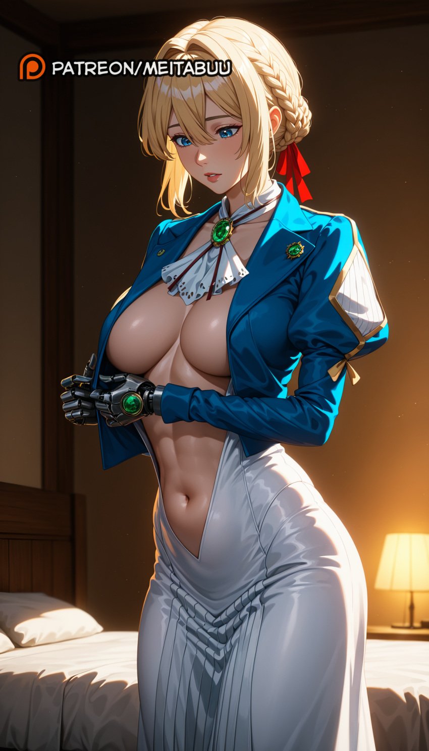 abs ai_generated ascot bed bedroom blonde_hair blue_eyes blue_jacket blush braid braided_bun breasts brooch collarbone cropped_jacket dress female french_braid gem green_gemstone hair_between_eyes hair_bun hair_intakes hair_ribbon indoors jacket jewelry juliet_sleeves lamp large_breasts lips long_dress long_sleeves looking_down mechanical_arms mechanical_hands meitabuu navel no_bra on_bed open_clothes open_jacket parted_lips patreon_username pillow prosthesis prosthetic_arm puffy_sleeves red_ribbon ribbon short_hair sidelocks solo stomach violet_evergarden violet_evergarden_(character) white_ascot white_dress