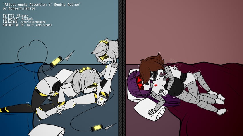 2boys 2girls artist_name artist_website balls bed_sheet blowjob blush blushing_female breasts brown_hair doll_(murder_drones) fellatio female fondling_balls glitch_productions male murder_drones n_(murder_drones) nipples nude nude_female nude_male oc on_bed penis purple_hair pussy red_eyes sex silver_hair straight_sex sucking_dick sucking_penis thrusting thrusting_into_pussy v_(murder_drones) white_eyes yellow_eyes zzsark zzsark_nsfw