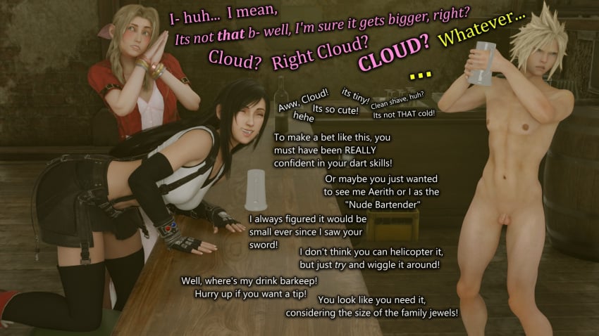 3d aerith_gainsborough blonde_hair cfnm clothed_female clothed_female_nude_male cloud_strife covering_face dialogue embarassed final_fantasy final_fantasy_vii final_fantasy_vii_remake flaccid_penis laughing lost_bet nude_male small_penis small_penis_humiliation sph throwingblue tifa_lockhart tiny_penis