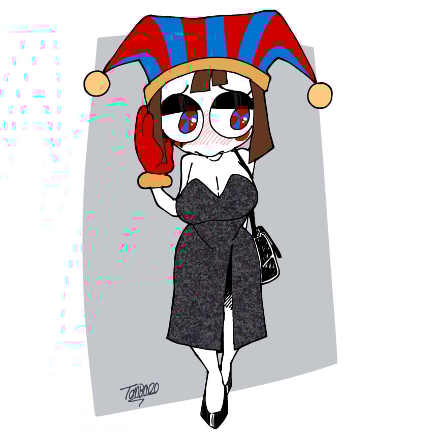 1girls big_breasts blush curvy cute dress elegant_dress embarrassed evening_gown female gloves high_heels jester looking_away pomni_(the_amazing_digital_circus) purse shortstack shy simple_background the_amazing_digital_circus tomboy20 wide_hips