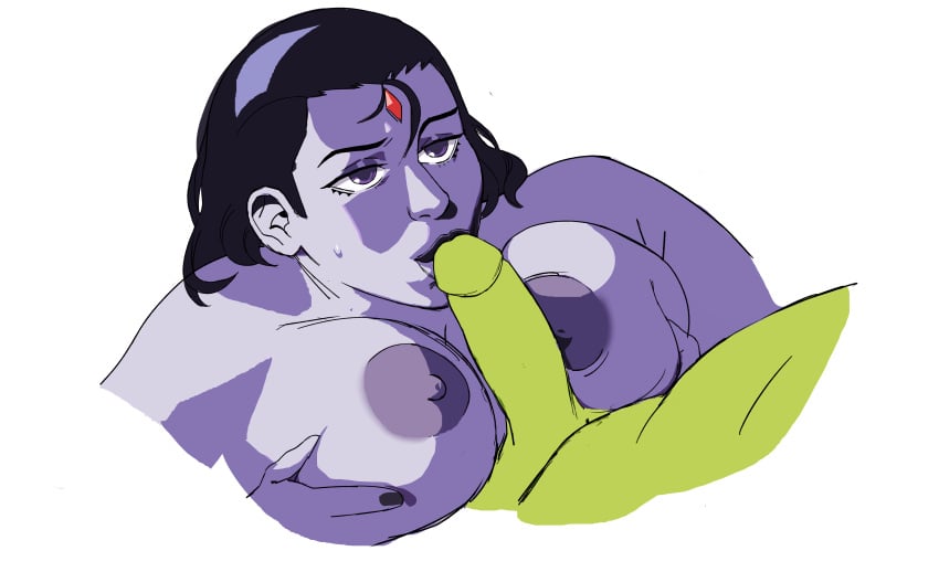 beast_boy big_breasts dc dc_comics fellatio female goat_fella green_skin grey_nipples grey_skin justice_league male penis raven_(dc) teen_titans teen_titans_go