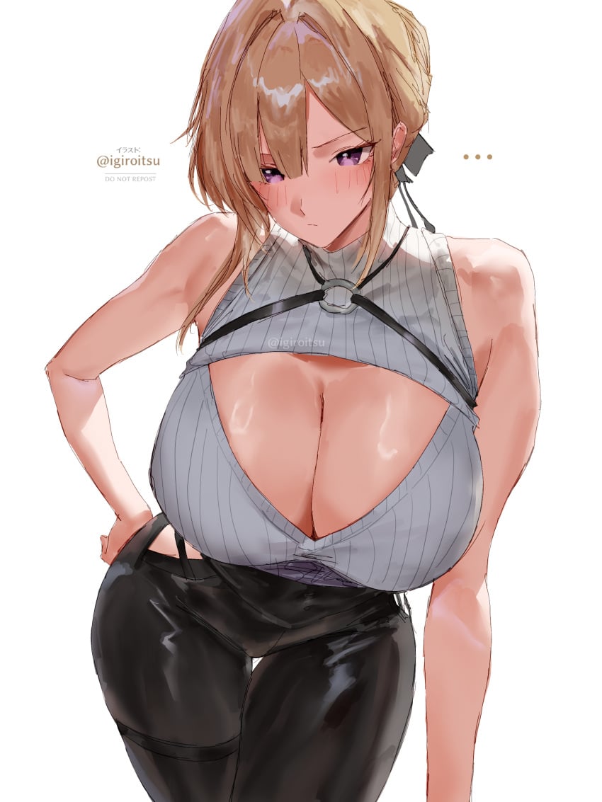 absurdres bare_shoulders black_pants blonde_hair blush breasts chest_harness cleavage cleavage_cutout closed_mouth clothing_cutout evelyn_chevalier female hair_up hand_on_own_hip harness highres huge_breasts igiroitsu latex_pants looking_at_viewer open-chest_sweater pants purple_eyes shirt short_hair sleeveless sleeveless_sweater solo sweater tight_clothes tight_pants uneven_bangs white_shirt zenless_zone_zero