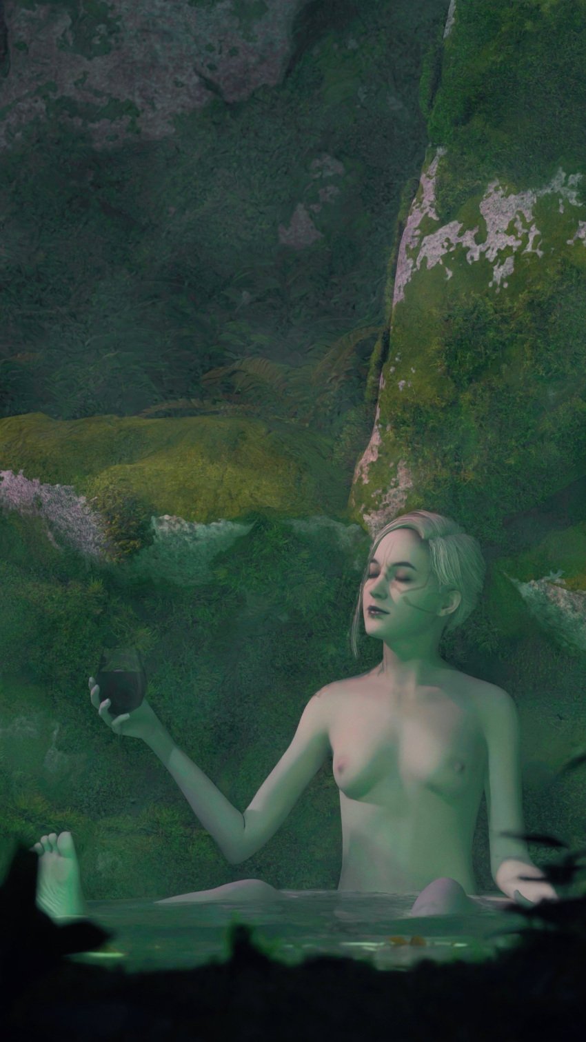1girls 3d breasts dathomiri female grey_skin infamouslewd merrin nightsister nipples nude outdoors small_breasts solo star_wars white_hair wine_glass