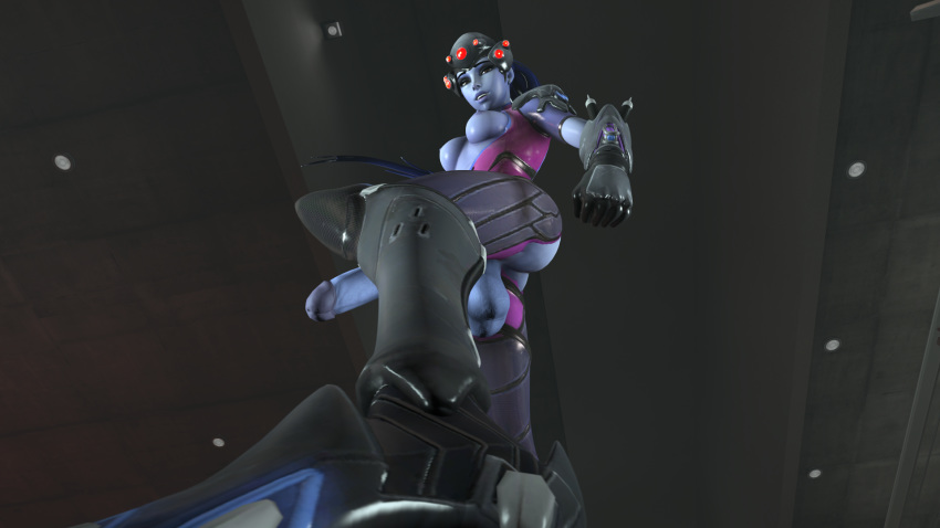 3d balls big_balls big_breasts big_penis breasts derpsycho333 dickgirl erection futa_only futanari intersex looking_at_viewer nipples overwatch penis purple_hair purple_skin source_filmmaker widowmaker