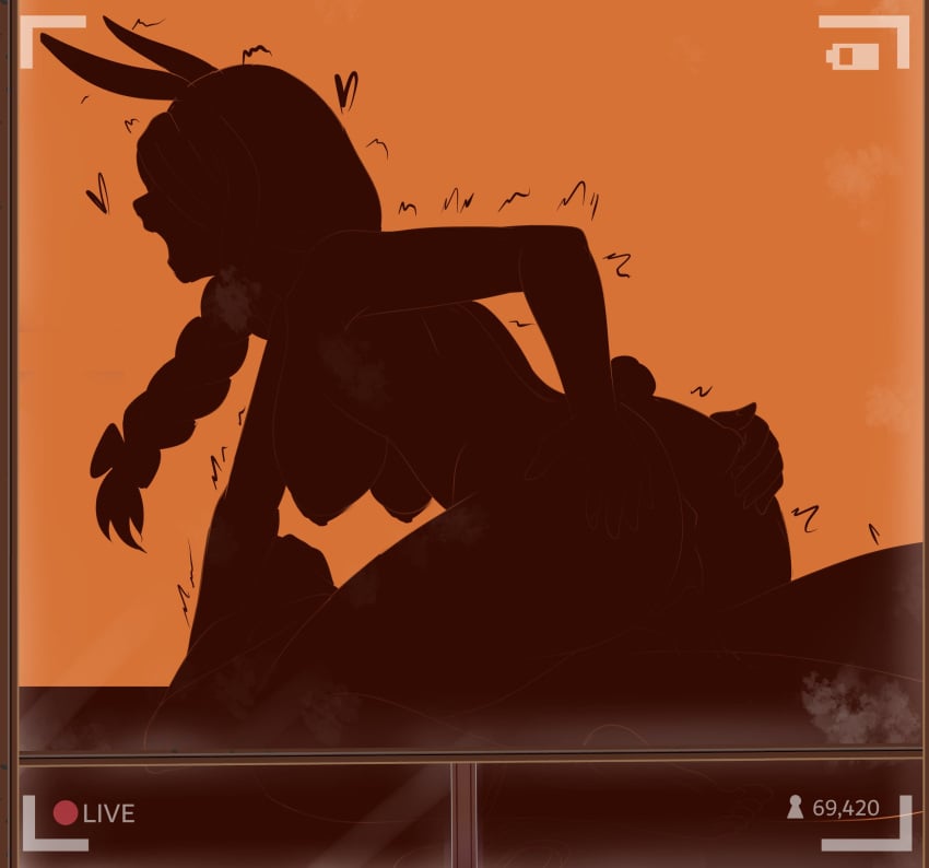 1boy animal_ears ass braid breasts completely_nude cowgirl_position female fuzzlogik grabbing_another&#039;s_ass groping heart highres hololive large_breasts livestream long_hair male motion_lines nude open_mouth orange_background pekomama rabbit_ears rabbit_girl rabbit_tail recording sex silhouette simple_background straddling straight tail vaginal_penetration virtual_youtuber