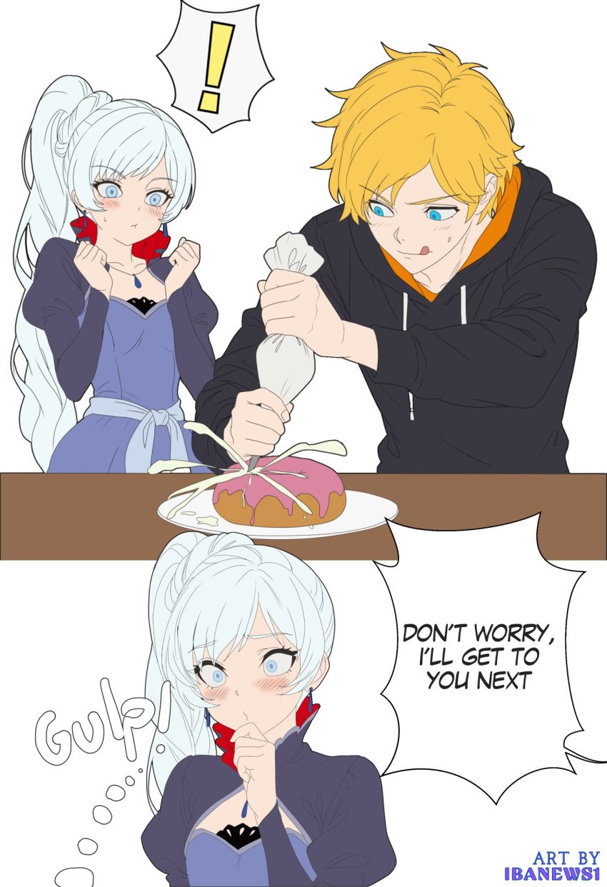 1boy 1girls blonde_hair blue_eyes comic_page cooking dialogue english english_dialogue english_text female ibanews1 jaune_arc long_hair male ponytail rwby speech_bubble sweets tagme weiss_schnee white_hair
