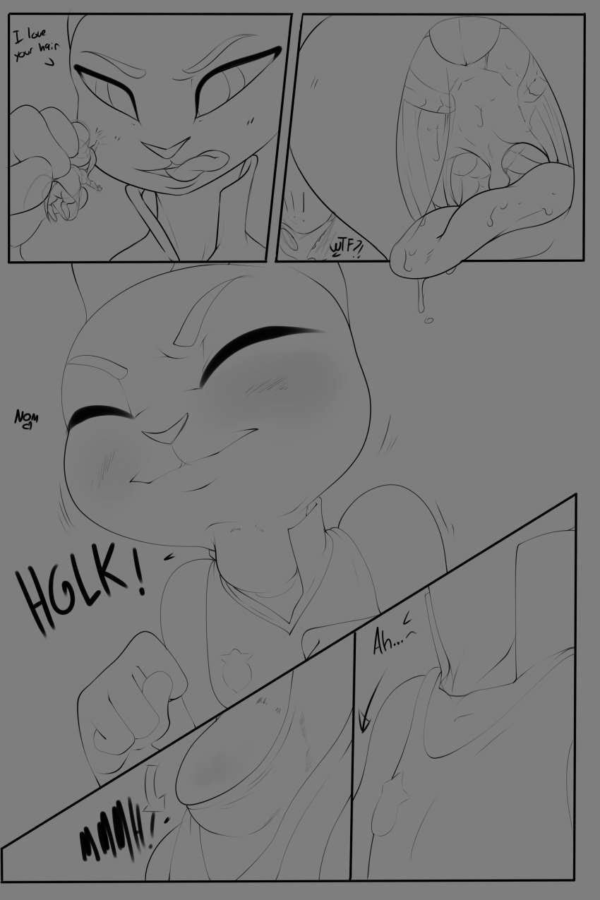 anthro black_and_white buckteeth bulge comic cum dialogue disney english_text female fru_fru hi_res judy_hopps lagomorph licking licking_lips long_ears mammal micro monochrome officer open_mouth police rabbit shrew swallowing teeth text theboogie throat tongue tongue_out vore zootopia