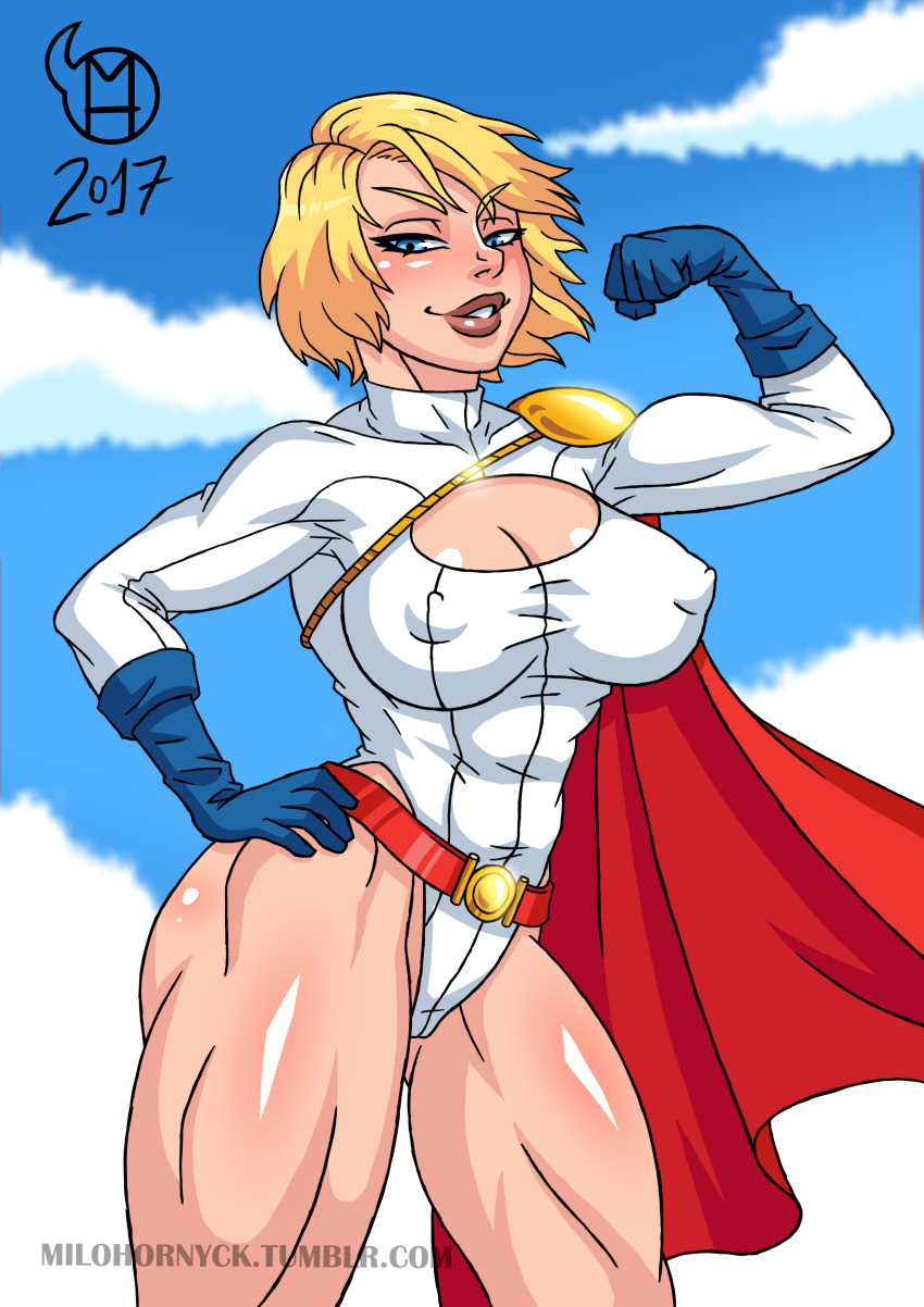 1girls belt biceps big_breasts big_lips blonde_hair blue_eyes blue_sky blurry_background breasts cape cleavage cleavage_cutout color dc dc_comics erect_nipples female female_only flexing gloves highres hips innie_pussy justice_league leotard looking_at_viewer medium_hair milo_hornyck muscles muscular muscular_female pose power_girl smile solo superheroine thick_thighs