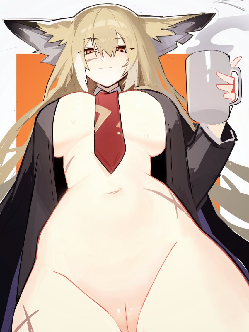 absurdres animal_ear_fluff animal_ears arknights black_coat blonde_hair breasts closed_mouth coat cup distr female fox_ears fox_girl from_below half-closed_eyes highres holding holding_cup huge_breasts long_hair looking_at_viewer naked_coat navel necktie no_bra no_shirt open_clothes orange_eyes paid_reward_available pussy red_necktie scar scar_on_cheek scar_on_face scar_on_hip simple_background smile solo steam stomach very_long_hair vulpisfoglia_(arknights)