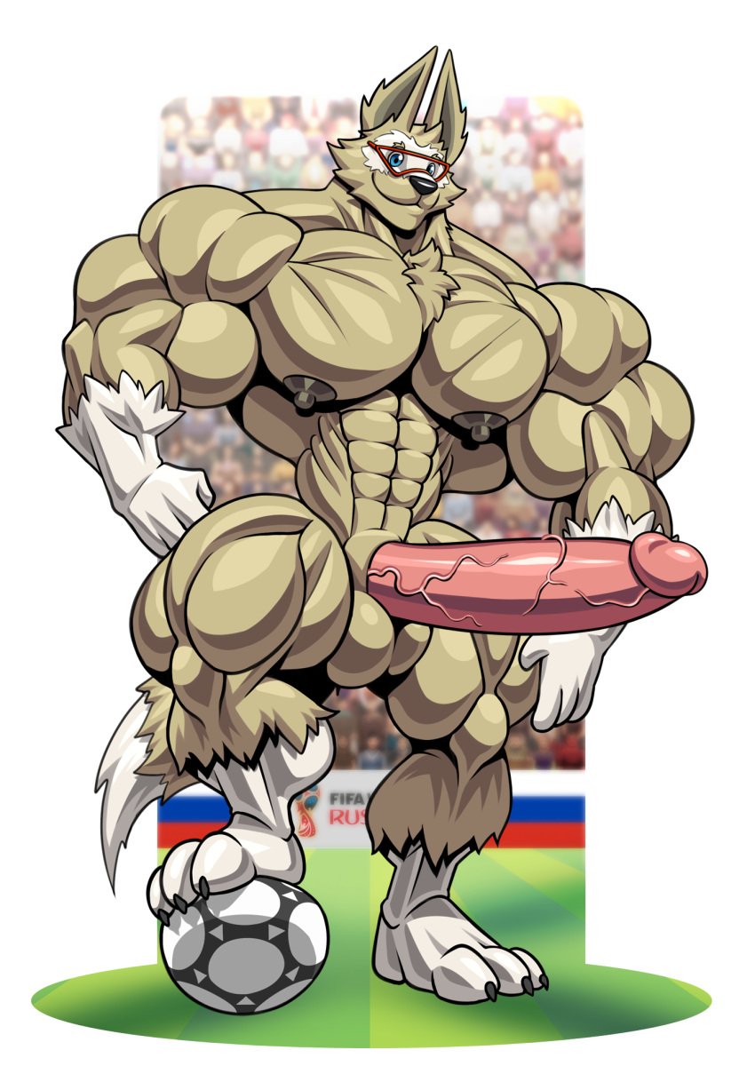 3_toes 4_fingers abs anthro areola ball balls biceps big_balls big_muscles big_penis brown_balls brown_body brown_fur brown_nipples canid canine canis chest_tuft erect_nipples erection eyewear feet fifa fingers fur genitals glans goggles grin hi_res huge_balls huge_cock huge_muscles humanoid_genitalia humanoid_penis hyper hyper_balls hyper_genitalia hyper_muscles hyper_penis male mammal mascot muscular muscular_anthro muscular_male nipples nude nude_anthro nude_male pecs penis pink_penis pink_penis_tip smile soccer soccer_ball solo sport tail toes tuft vein veiny_penis white_body white_fur wolf wolfiecanem zabivaka