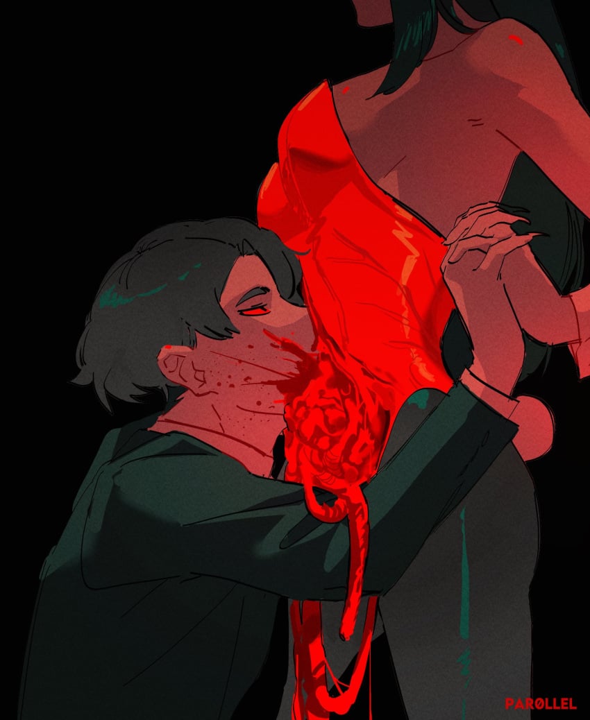 1boy 1other black_background black_hair black_pants black_suit blood blood_spray colored_sclera eating ero_guro exposed_muscle fingernails guro hair_over_one_eye highres holding_hands intestines kneeling leaning_on_person organs original pants par0llel red_robe red_sclera robe sharp_fingernails short_hair standing suit