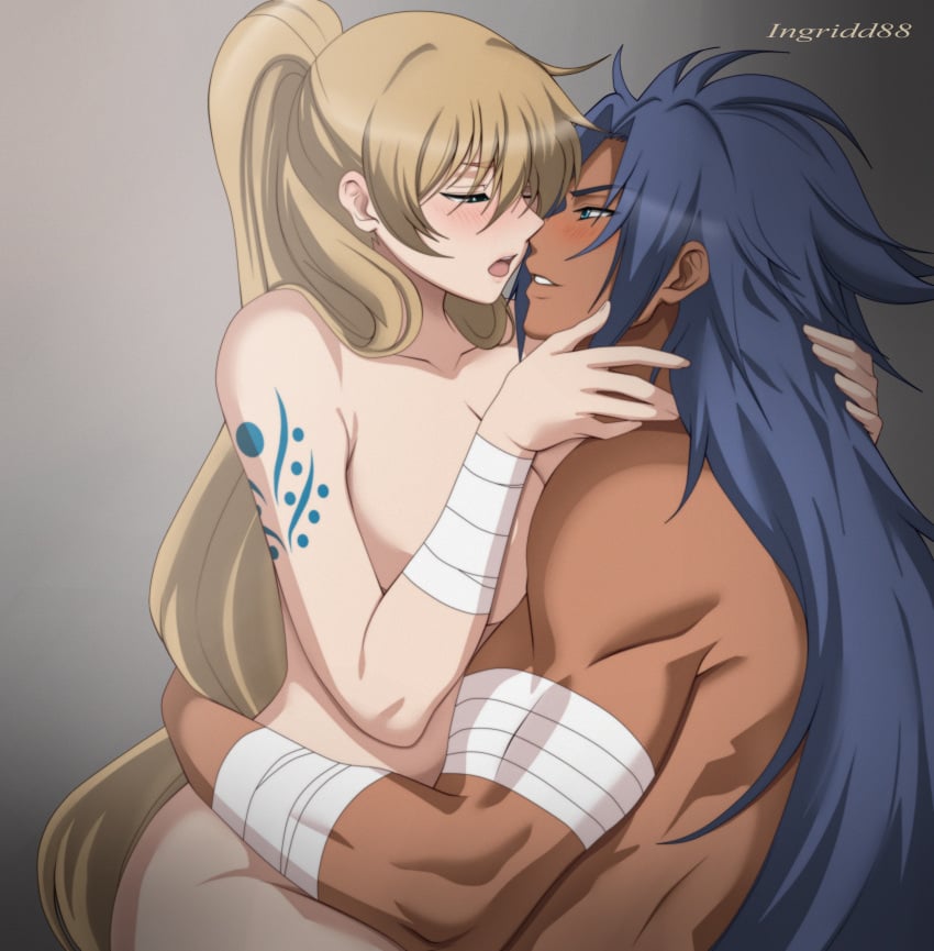 1boy 1boy1girl 1girls big_breasts blonde_hair blue_eyes cowgirl_position crane_yuzuriha female gemini_defteros green_eyes ingridd88 light-skinned_female long_hair male male/female muscular nude nude_female nude_male ponytail saint_seiya saint_seiya:_the_lost_canvas sex tanned_skin vaginal_penetration very_long_hair