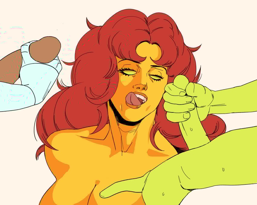 2boys beast_boy cyborg_(dc) dc dc_comics female goat_fella green_skin justice_league licking_lips male penis starfire starfire_(comics) teen_titans