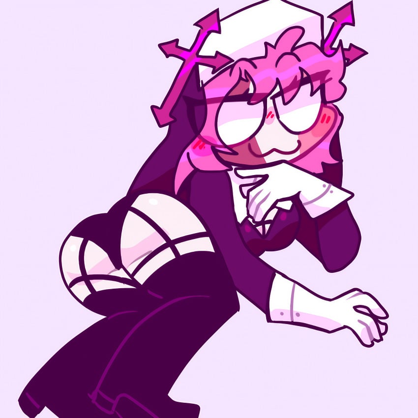 1girls :3 ai_upscaled ass blush boots breasts dokki.doodlez female friday_night_funkin friday_night_funkin_mod full_body gloves habit looking_at_viewer mid_fight_masses nun pink_hair sarvente_(dokki.doodlez) sarvente_(friday_night_funkin) shafiri simple_background smile smug solo source_request thighhighs upscaled white_gloves