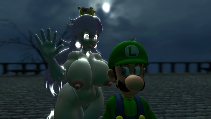 1boy 1girls 3d big_breasts blue_overalls boosette breasts clothed clothed_male_nude_female clothing crown duo ear_piercing facial_hair female ghost ghost_girl glowing_eyes green_hat green_shirt hands_up hat huge_breasts large_breasts long_hair looking_at_another luigi male male/female mario_(series) moon moustache night_sky nintendo nipples nude nude_female nude_female_clothed_male open_mouth outdoors shirt straight thhypercombine tongue tongue_out white_body white_hair