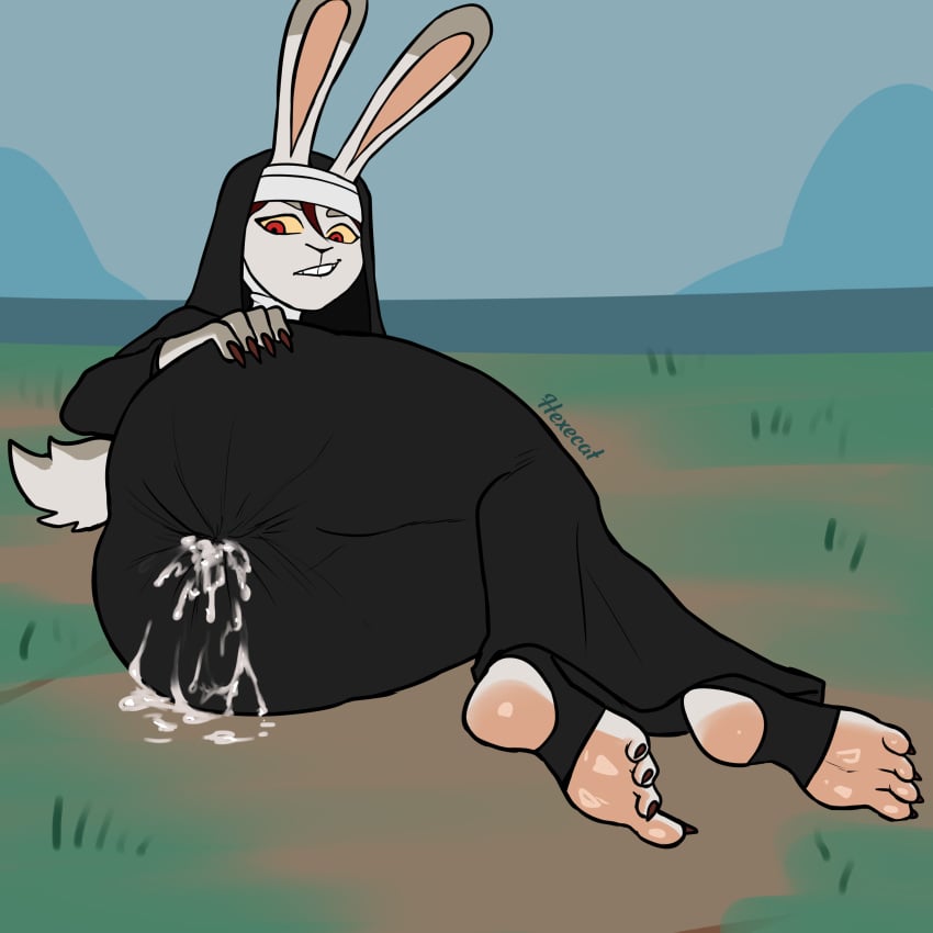 1:1 absurd_res anthro ass big_butt bodily_fluids butt_focus celeste_the_nun_rabbit_(character) clothing cum cum_in_ass cum_in_clothing cum_inside cum_through_clothing fan_character feet female genital_fluids hexecat hi_res lagomorph leaking_cum leporid mammal nails nun_rabbit_(character) outside plantigrade rabbit religious_clothing smile solo thick_thighs wet wet_clothing
